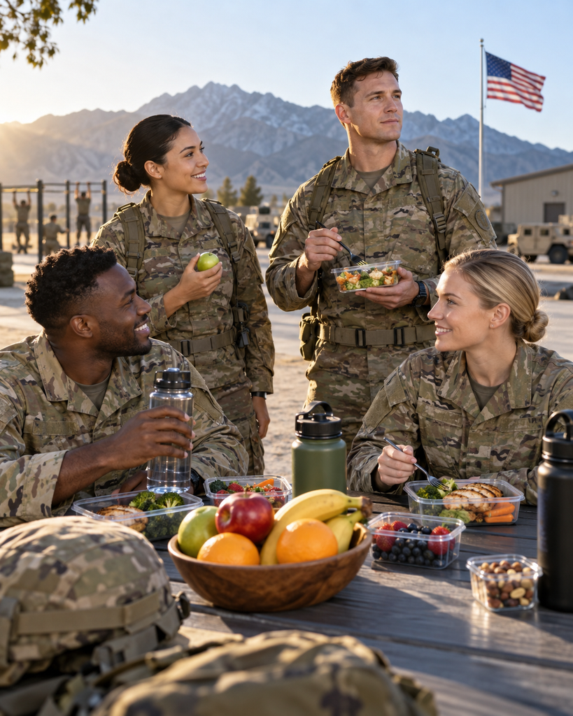Service members sharing a nutritious meal to support health and performance