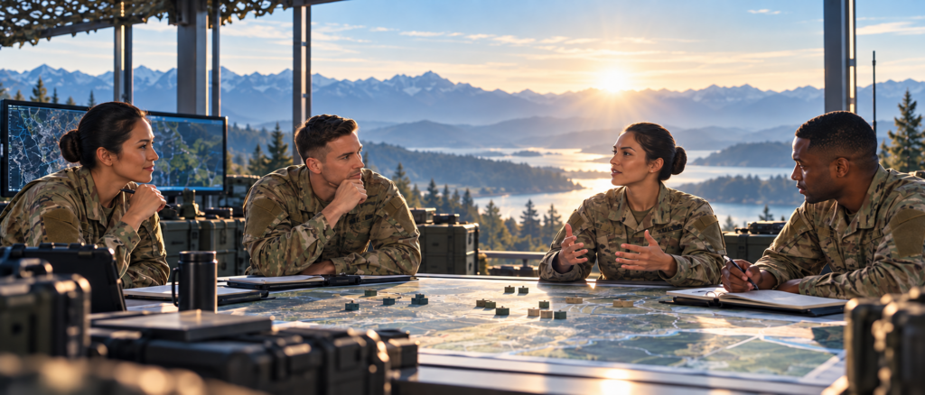 Military personnel collaborating during a strategic planning session at sunrise