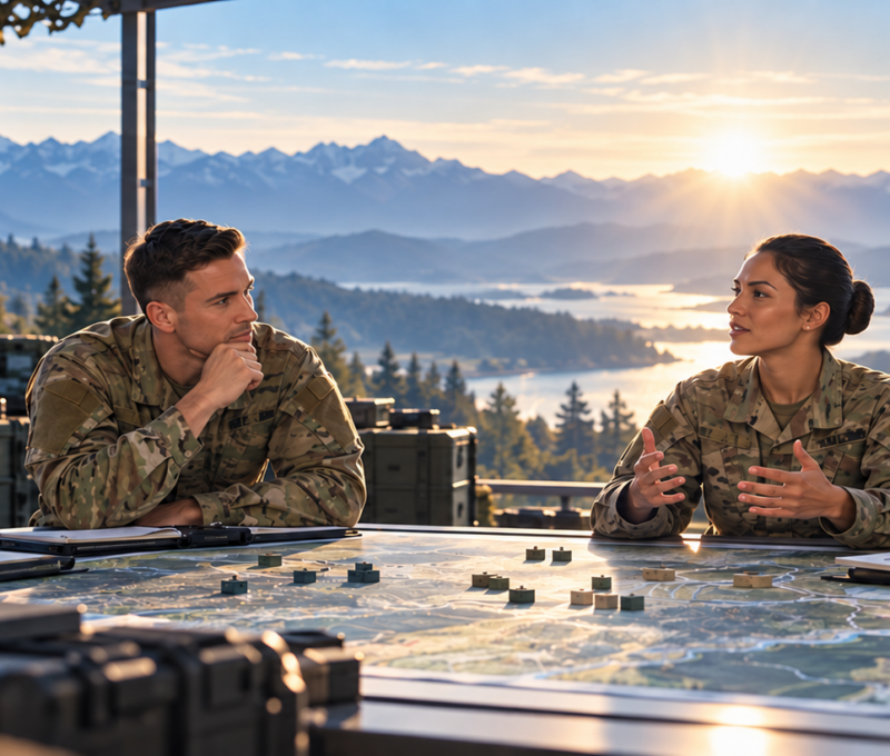 Military personnel collaborating during a strategic planning session at sunrise