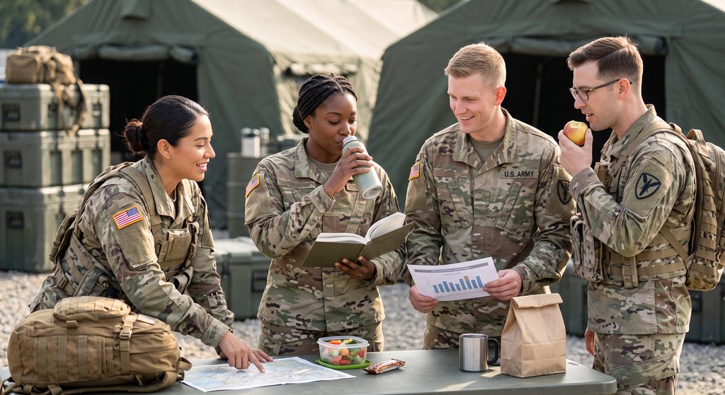 Service members discussing health and performance while reviewing a tablet